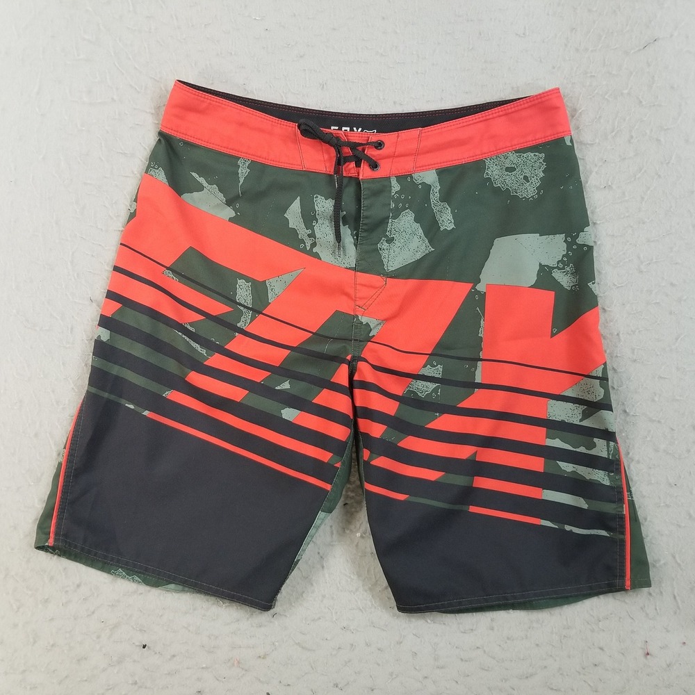 Fox Board Shorts Mens 34 Green Orange Graphic Print Racing Swim Trunks Logo